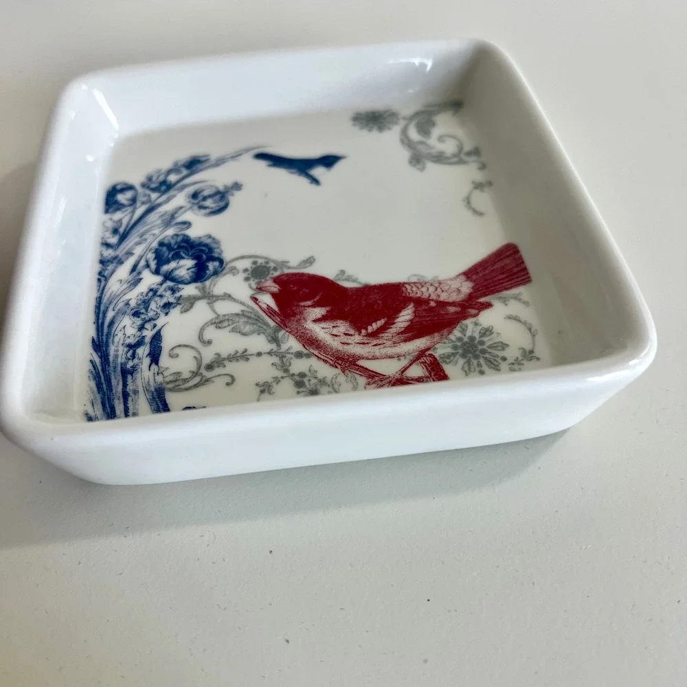 Charming Bird Floral Square Trinket Dish‎ Decor Ceramic Red Blue Gray White